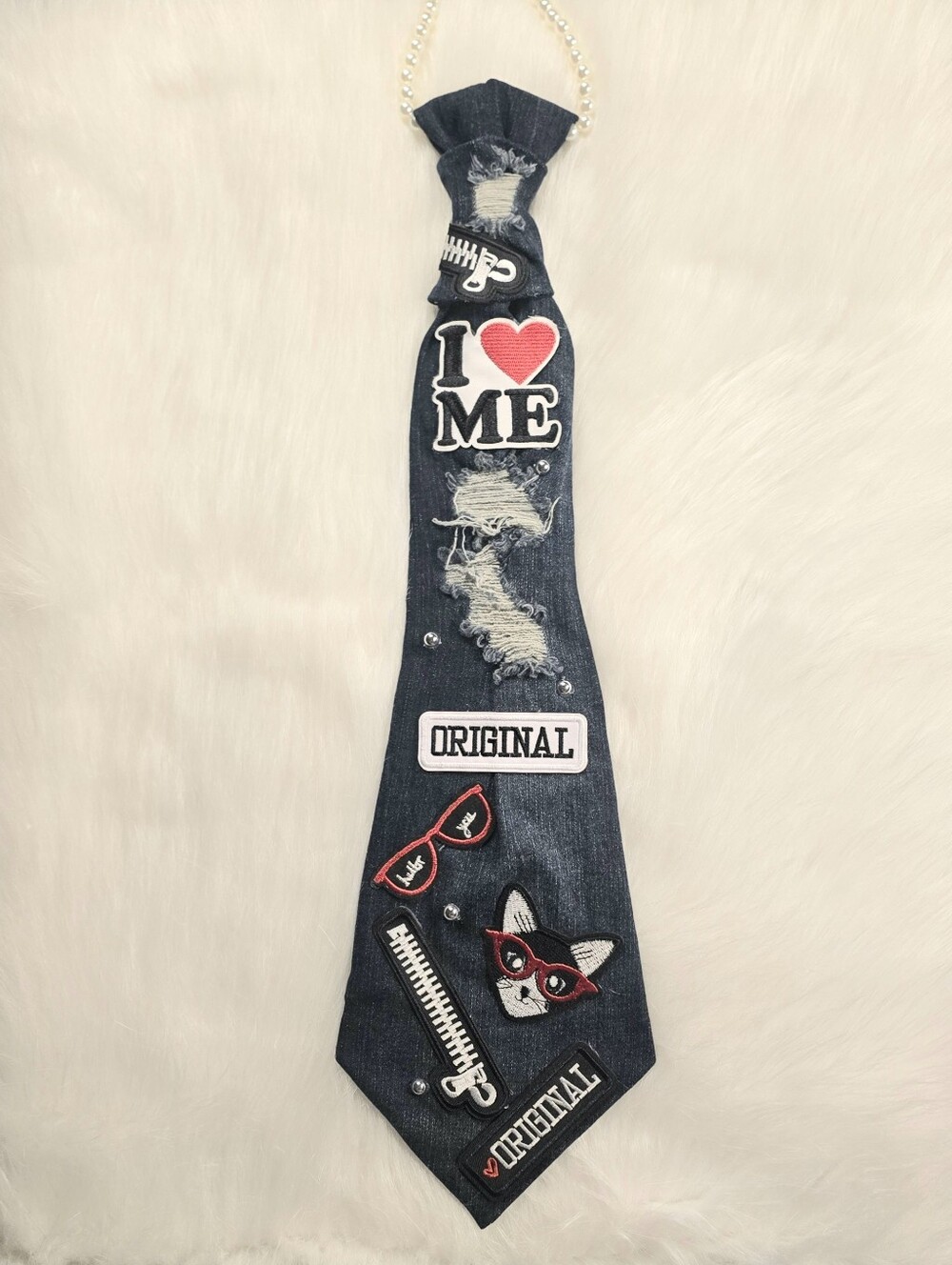 Custom Denim Necktie Neklace with 'I ♥ ME'